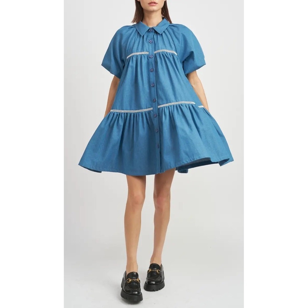 En Saison Tara Tiered Cotton Trapeez Shirtdress Women Medium Blue Mini Bohoi - Picture 1 of 11